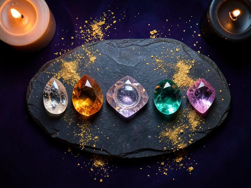Chakra healing crystals arranged on dark stone with candlelight