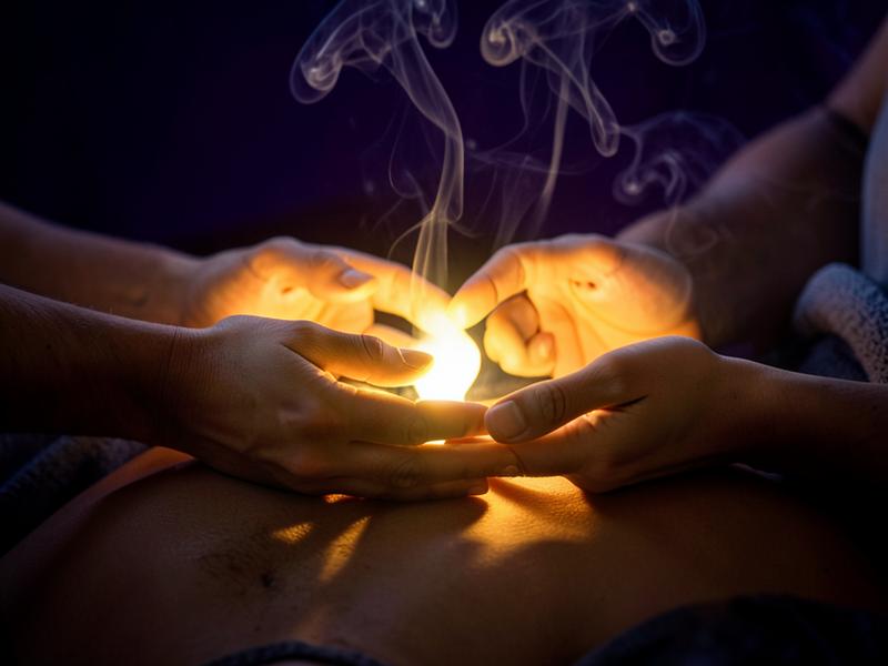 Healer's hands glowing with golden light during an energy healing session