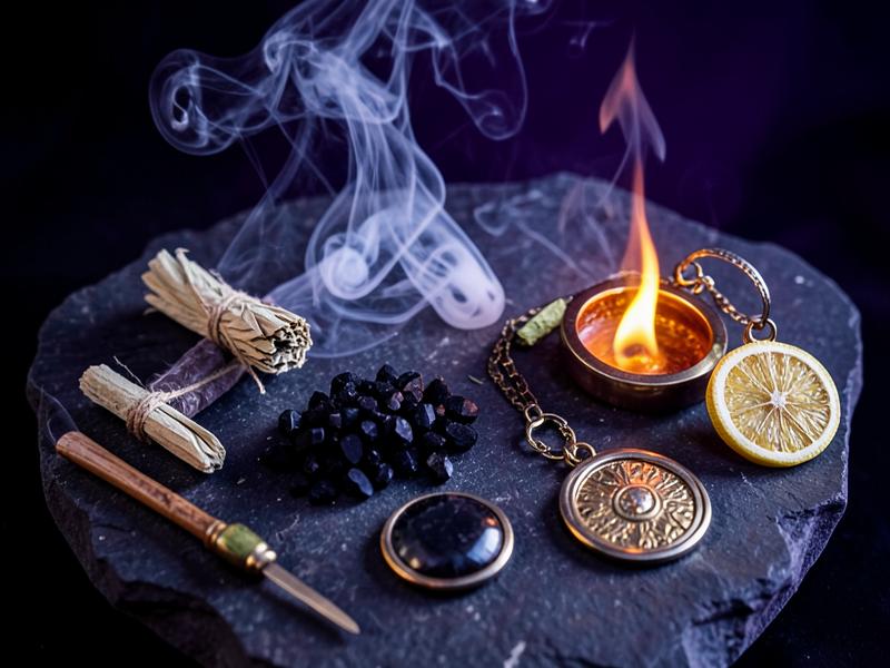 Cleansing tools on dark stone: sage smoke, black salt, camphor flame and protective amulets
