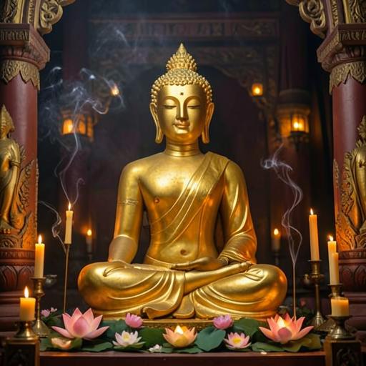 Golden Buddha statue in meditation surrounded by lotus flowers and candles