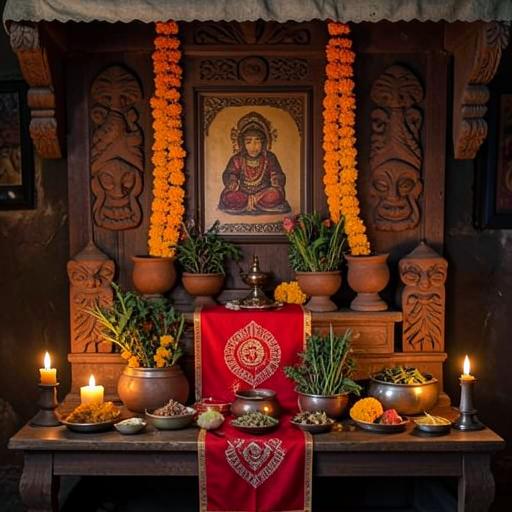 Traditional folk shrine with earthen lamps, marigold garlands and carved totems