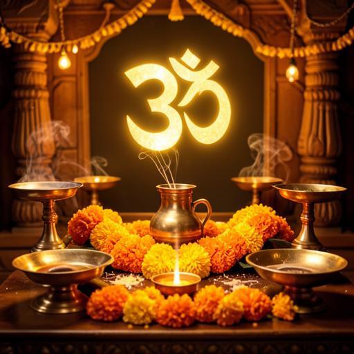 Hindu altar with brass diya lamps, marigold flowers and a glowing om symbol