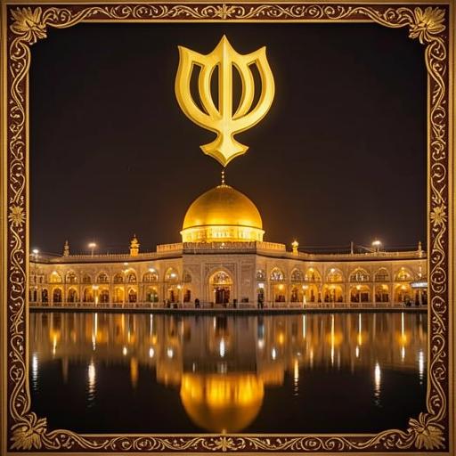Golden Sikh Khanda emblem above an illuminated gurdwara reflected in water