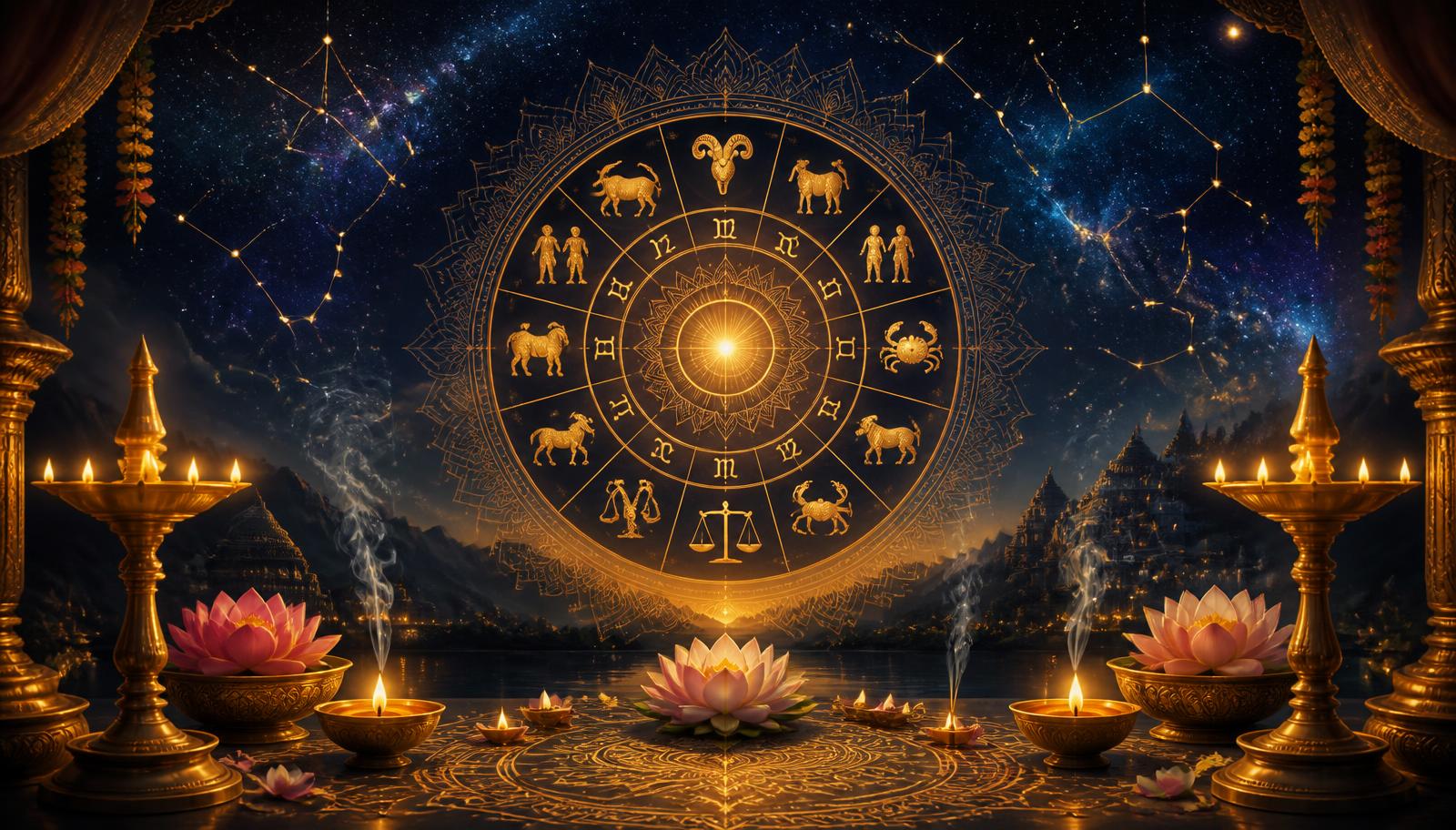 Golden zodiac wheel with lotus flowers and oil lamps under a starlit sky