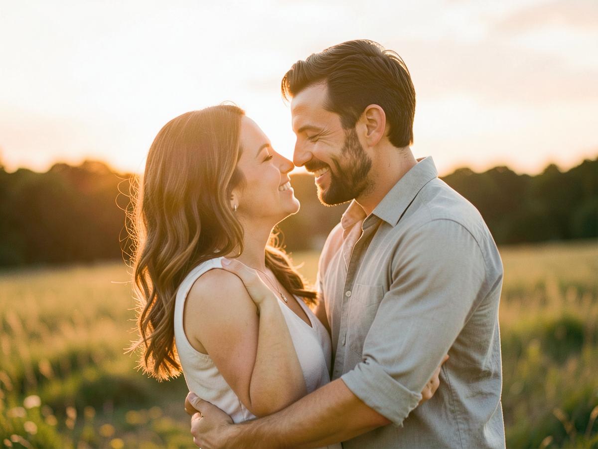 Reunited couple embracing in warm sunset light