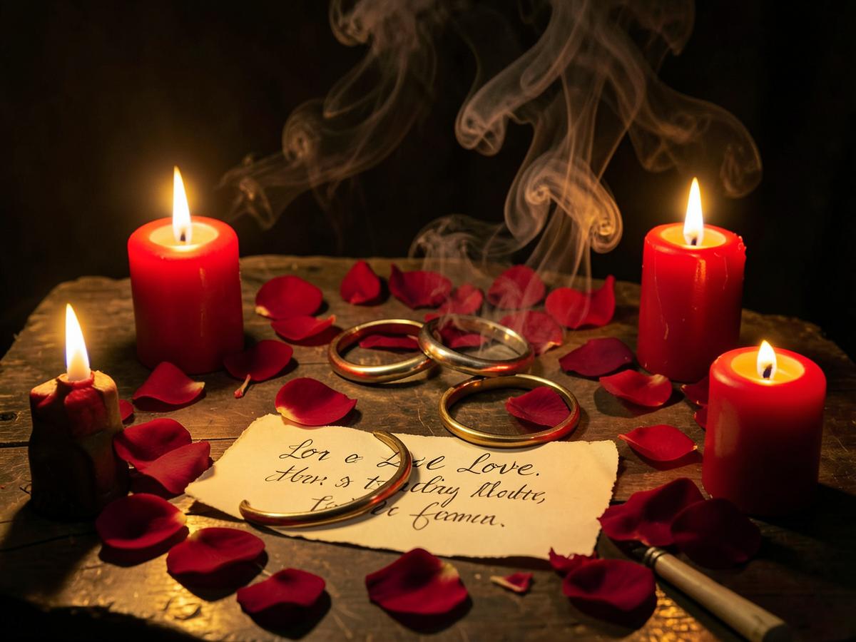 Love spell altar with red candles, rose petals, two rings and a handwritten name paper