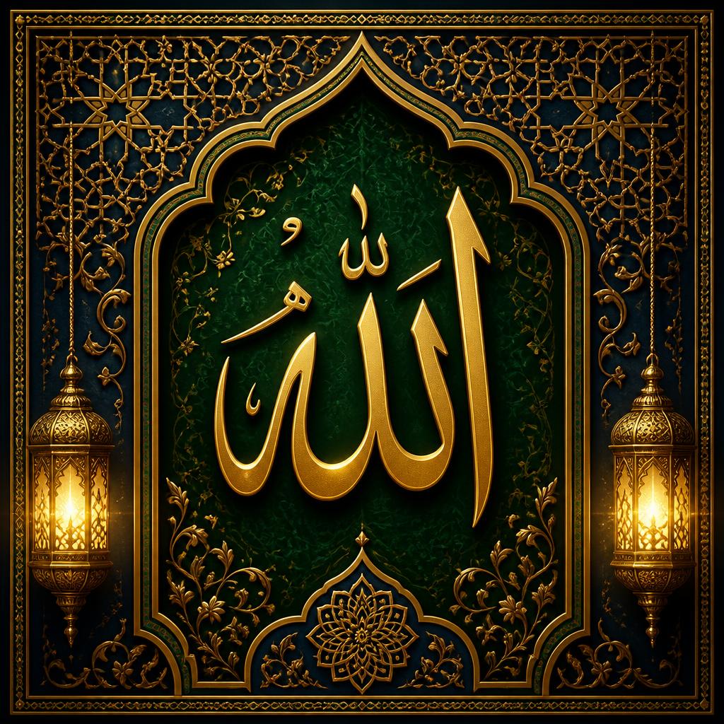 Golden Islamic calligraphy of the name Allah framed by ornate arabesque patterns