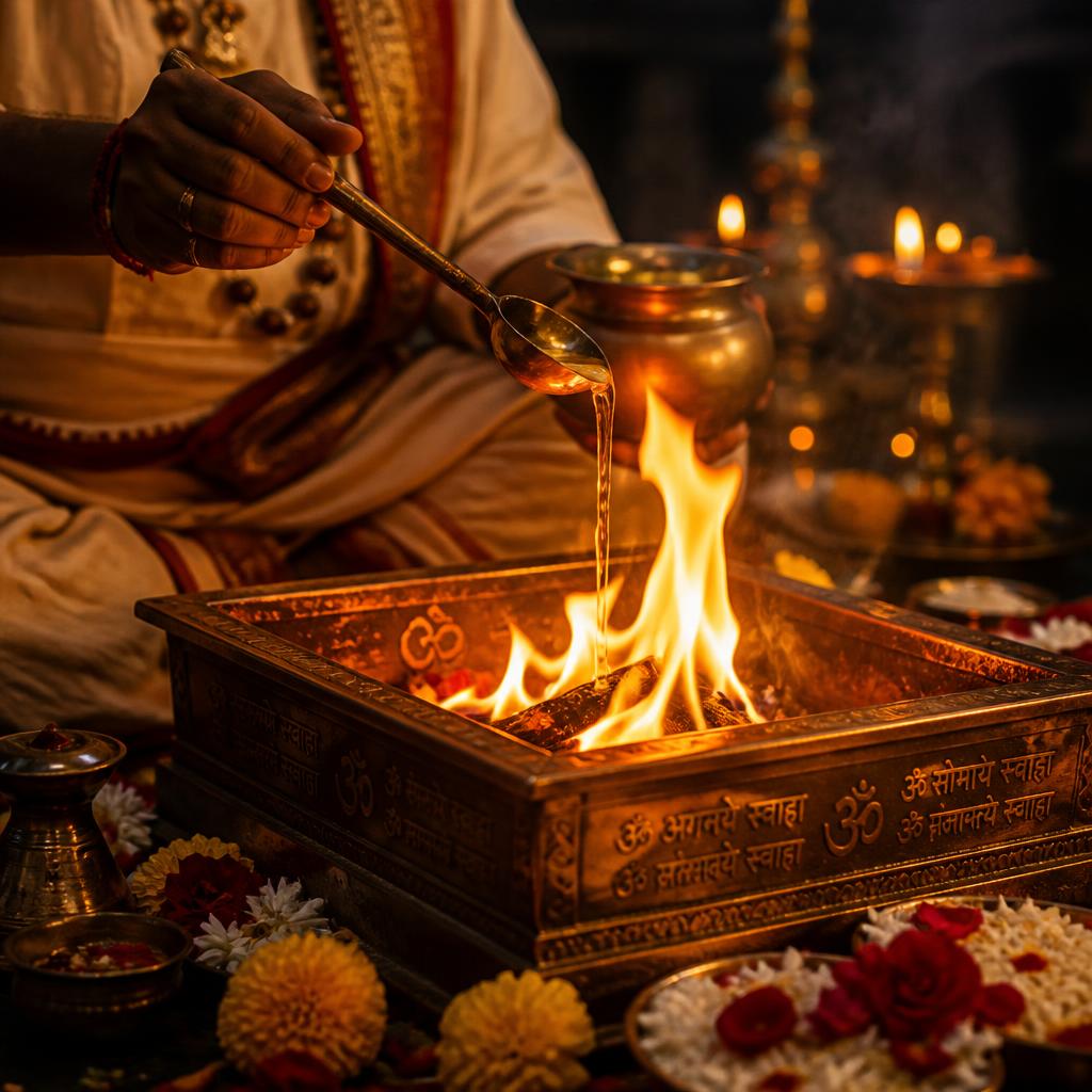 Priest offering ghee into a sacred copper havan fire pit surrounded by flowers during a yagya