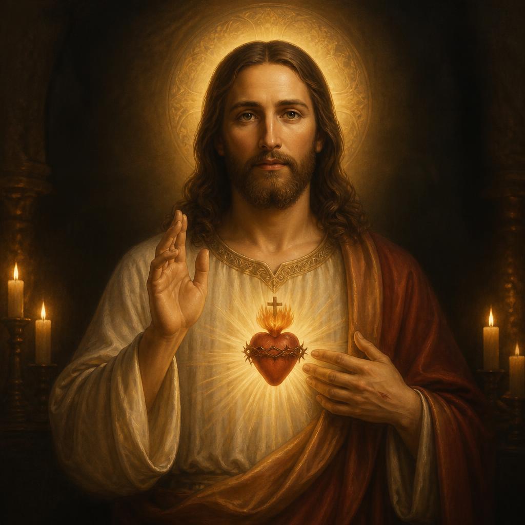 Devotional painting of Jesus Christ giving a blessing in warm candlelight