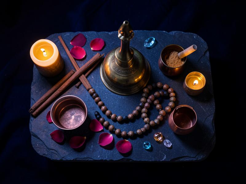 Spiritual healing altar with brass bell, rudraksha mala, rose petals and candlelight