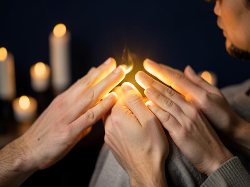 Healer's palms glowing with warm golden light during a spiritual healing session